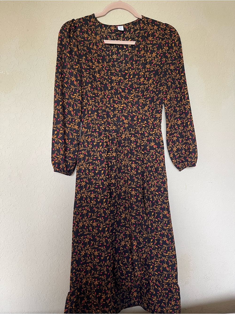 Old Navy Black Midi Dress with Rust and Pink Floral Print